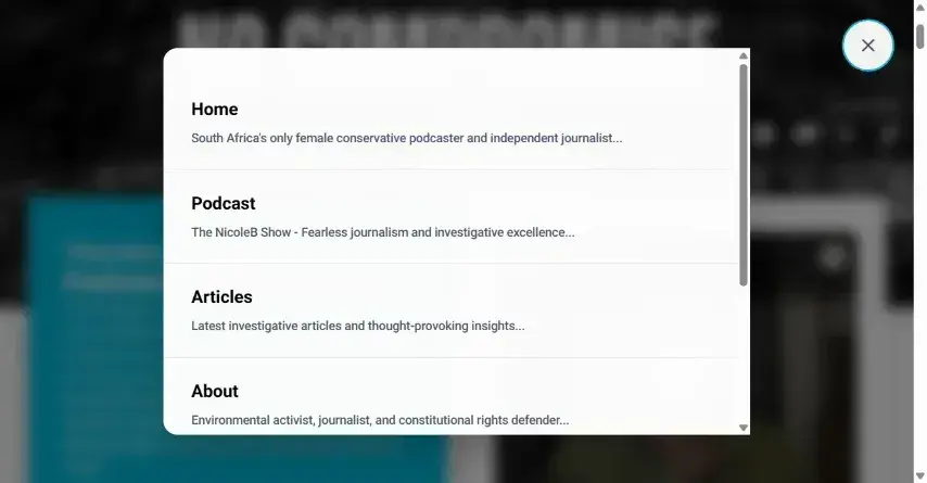 Nicole Barlow Website - Navigation or menu interface